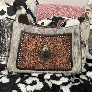 American Darling White and Brown Cowhide Shoulder Bag with Tooled Leather Accent